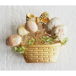 Vintage Colorful Easter Basket Enamel Egg Gold Tone Brooch Unsigned